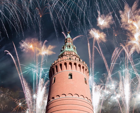 Moscow Kremlin and fireworks in honor of Victory Day celebration (WWII),  Red Square, Moscow,...