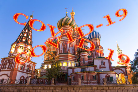 Coronavirus in Moscow, Russia. Temple of Basil the Blessed. Covid-19 sign. Concept of COVID pandemic...