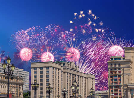 Fireworks over the building of the State Duma of the Federal Assembly of Russian Federation during Victory Day (WWII), Moscow, Russiaの写真素材
