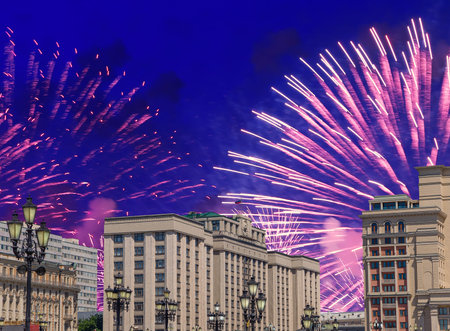 Fireworks over the building of the State Duma of the Federal Assembly of Russian Federation during...