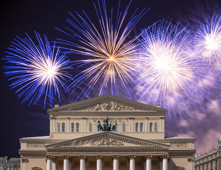 Fireworks over the Bolshoi Theater (Large, Great or Grand Theater, also spelled Bolshoy) during...