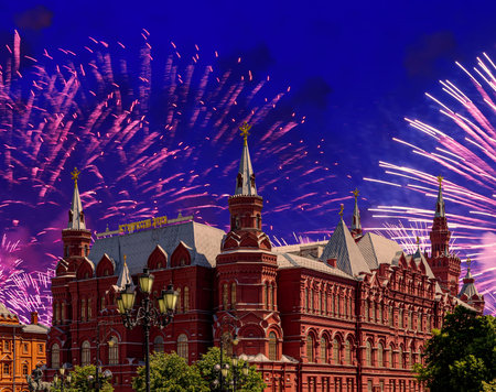 Fireworks over the Historical Museum during Victory Day (WWII). Red Square, Moscow, Russia....