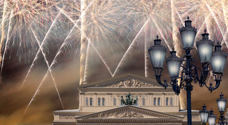Fireworks over the Bolshoi Theater (Large, Great or Grand Theater, also spelled Bolshoy) during...