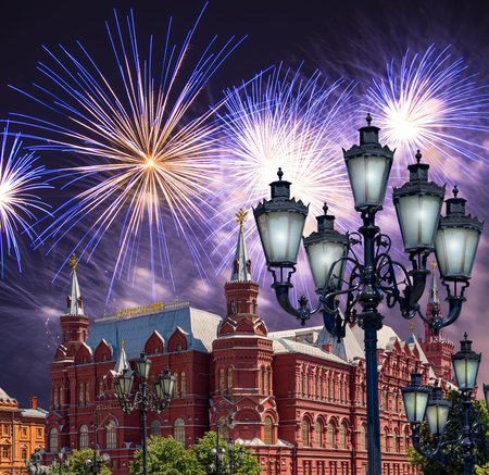 Fireworks over the Historical Museum during Victory Day (WWII). Red Square, Moscow, Russia....