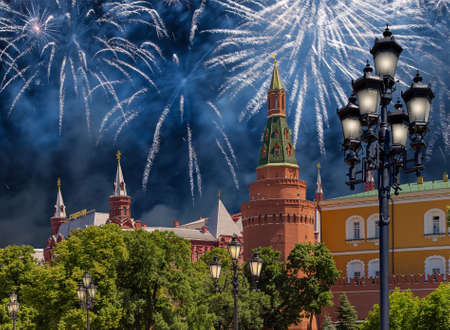 Fireworks over the Moscow Kremlin during Victory Day (WWII), Russiaのeditorial素材