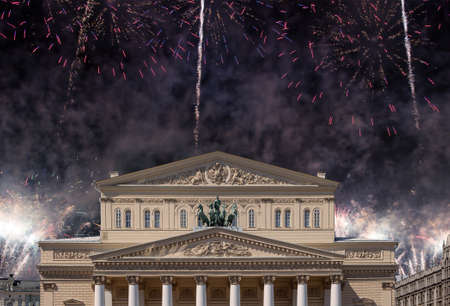 Fireworks over the Bolshoi Theater (Large, Great or Grand Theater, also spelled Bolshoy) during Victory Day (WWII), Moscow, Russiaのeditorial素材