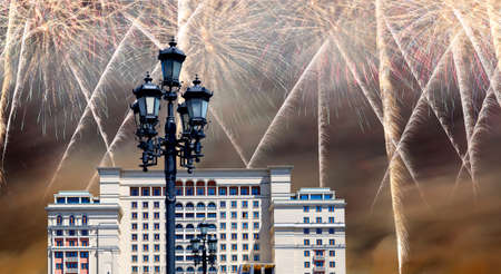 Fireworks over the facade of Four Seasons hotel (Hotel Moskva) from Manege Square. Moscow, Russiaのeditorial素材