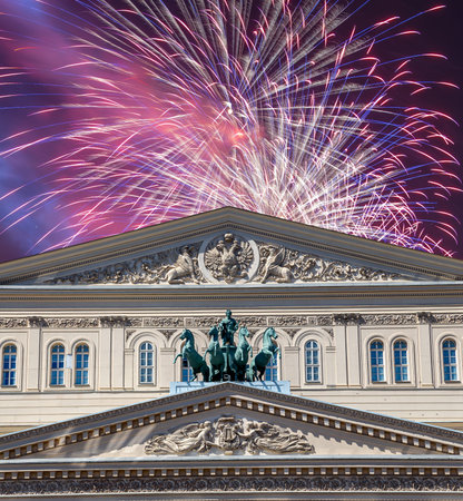 Fireworks over the Bolshoi Theater (Large, Great or Grand Theater, also spelled Bolshoy) during...