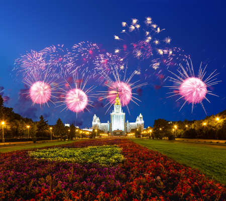 Fireworks over the Lomonosov Moscow State University on Sparrow Hills (at night), main building, Russia. It is the highest-ranking Russian educational institutionの写真素材