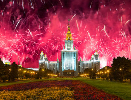 Fireworks over the Lomonosov Moscow State University on Sparrow Hills (at night), main building, Russia. It is the highest-ranking Russian educational institutionの写真素材