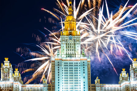 Fireworks over the Lomonosov Moscow State University on Sparrow Hills (at night), main building,...