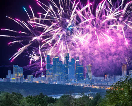 Fireworks over the Moscow city from Sparrow Hills or Vorobyovy Gory observation platform-- is on a steep bank 85 m above the Moskva river, or 200 m above sea level. Russiaの写真素材