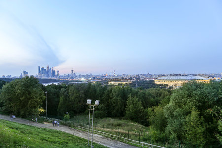 view of central Moscow from Sparrow Hills or Vorobyovy Gory observation (viewing) platform at...