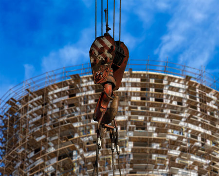 Construction crane hook with multi-storey building under construction with scaffolding (new...