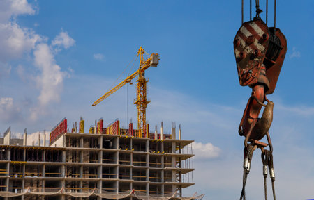 Part of a construction machine (excavator or crane) on the background construction site, industrial image. Moscow, Russiaの写真素材
