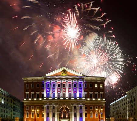 The building of the residence of the Mayor of Moscow with illumination at night, against the background of fireworks. Moscow, Russiaの写真素材