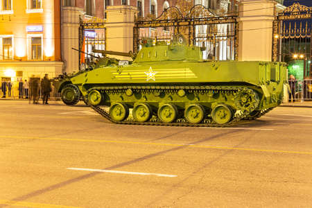 Russian weapons. Rehearsal of military parade (at night) near the Kremlin, Moscow, Russia. Celebration of the 70th anniversary of the Victory Day (WWII)のeditorial素材