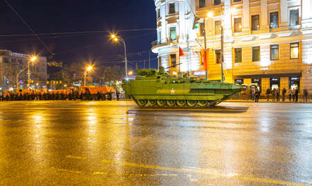 Russian weapons. Rehearsal of military parade (at night) near the Kremlin, Moscow, Russia. Celebration of the 70th anniversary of the Victory Day (WWII)のeditorial素材