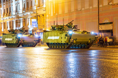 Russian weapons. Rehearsal of military parade (at night) near the Kremlin, Moscow, Russia. Celebration of the 70th anniversary of the Victory Day (WWII)のeditorial素材