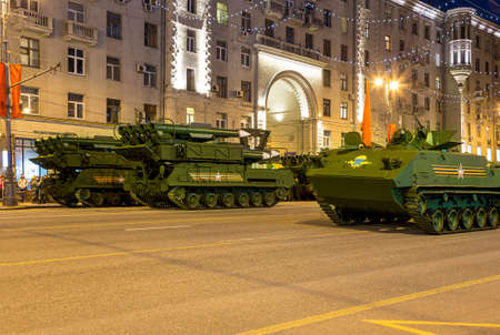Russian weapons. Rehearsal of military parade (at night) near the Kremlin, Moscow, Russia. Celebration of the 70th anniversary of the Victory Day (WWII)のeditorial素材