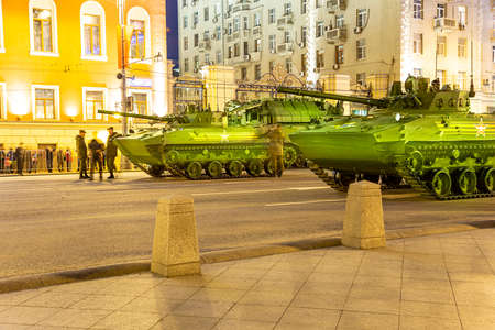 Russian weapons. Rehearsal of military parade (at night) near the Kremlin, Moscow, Russia. Celebration of the 70th anniversary of the Victory Day (WWII)のeditorial素材