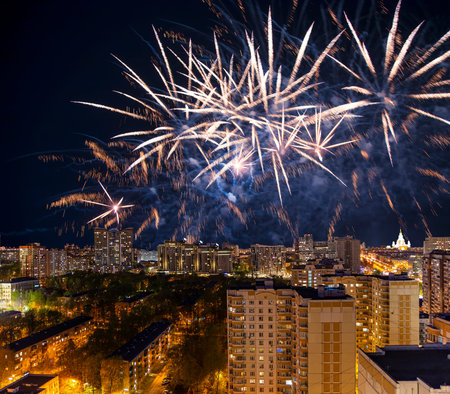 Aerial view of Moscow (night) and festive fireworks during Victory Day (WWII), Russiaの写真素材