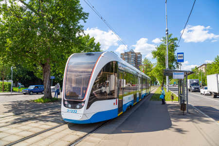 Modern tram (urban electric transport) on a Moscow street (central district), Russiaのeditorial素材