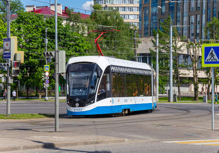 Modern tram (urban electric transport) on a Moscow street (central district), Russiaのeditorial素材