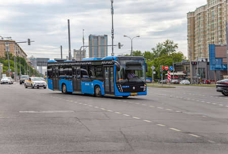 The passenger bus goes along the route. Moscow, Russiaのeditorial素材