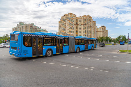 The passenger bus goes along the route. Moscow, Russia
