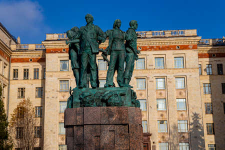 Monument dedicated to Student construction teams near Physics faculty of Lomonosov Moscow State University (MSU) on Sparrow Hills (summer day).のeditorial素材