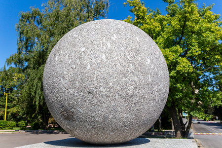 Large granite ball on the territory of Moscow State University (MSU) on Sparrow Hills (summer day) .Russiaのeditorial素材