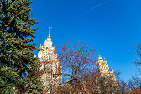 The Main building of Lomonosov Moscow State University on Sparrow Hills (summer day). It is the...