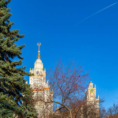 The Main building of Lomonosov Moscow State University on Sparrow Hills (summer day). It is the highest-ranking Russian educational institution. Russiaのeditorial素材