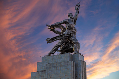 Famous soviet monument Rabochiy i Kolkhoznitsa (Worker and Kolkhoz Woman or Worker and Collective Farmer) of sculptor Vera Mukhina, Moscow, Russia. Made of in 1937のeditorial素材