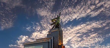 Famous soviet monument Rabochiy i Kolkhoznitsa (Worker and Kolkhoz Woman or Worker and Collective Farmer) of sculptor Vera Mukhina, Moscow, Russia. Made of in 1937のeditorial素材