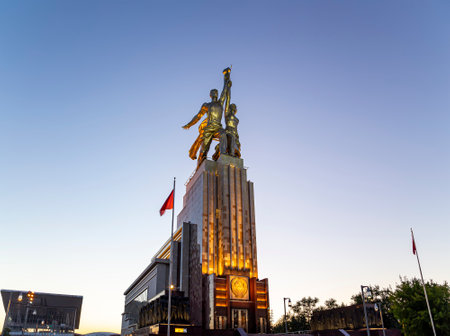 Famous soviet monument Rabochiy i Kolkhoznitsa (Worker and Kolkhoz Woman or Worker and Collective Farmer) of sculptor Vera Mukhina, Moscow, Russia. Made of in 1937のeditorial素材