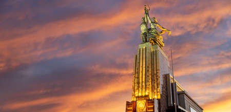 Famous soviet monument Rabochiy i Kolkhoznitsa (Worker and Kolkhoz Woman or Worker and Collective Farmer) of sculptor Vera Mukhina, Moscow, Russia. Made of in 1937のeditorial素材