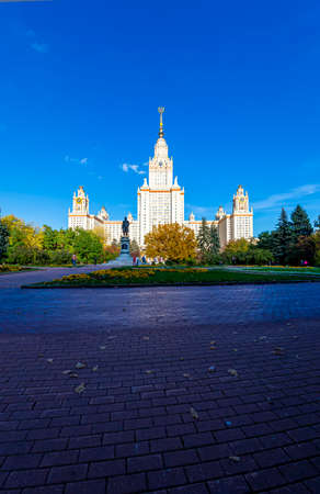 The Main building of Lomonosov Moscow State University on Sparrow Hills (autumn sunny day). It is the highest-ranking Russian educational institution. Russiaのeditorial素材