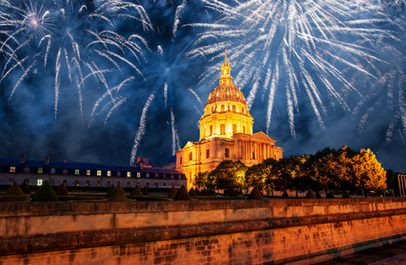 Celebratory colorful fireworks over the Les Invalides (The National Residence of the Invalids) at night. Paris, Franceの写真素材