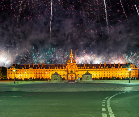 Celebratory colorful fireworks over the Les Invalides (The National Residence of the Invalids) at night. Paris, Franceの写真素材