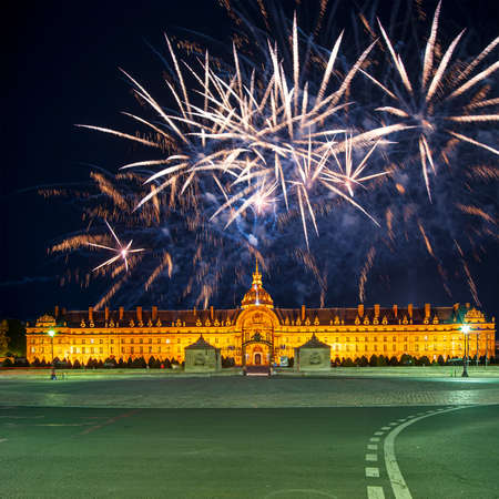 Celebratory colorful fireworks over the Les Invalides (The National Residence of the Invalids) at night. Paris, Franceの写真素材