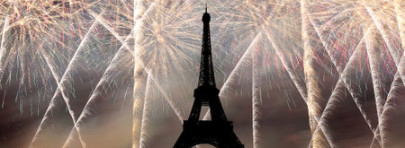 Celebratory colorful fireworks over the Eiffel Tower in Paris, France