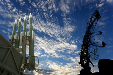 Air defense radars of military mobile anti aircraft systems and modern Russian anti aircraft missiles OSA-AKM on background clouds and sky,Russiaのeditorial素材