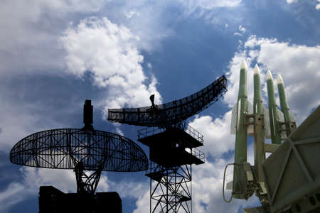 Air defense radars of military mobile anti aircraft systems and modern Russian anti aircraft missiles OSA-AKM on background clouds and sky,Russiaの写真素材
