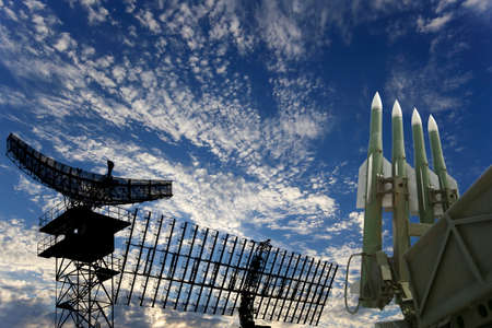 Air defense radars of military mobile anti aircraft systems and modern Russian anti aircraft missiles OSA-AKM on background clouds and sky,Russiaの写真素材