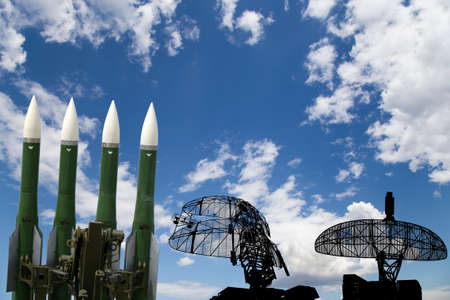 Air defense radars of military mobile anti aircraft systems and modern Russian anti aircraft missiles OSA-AKM on background clouds and sky,Russiaの写真素材
