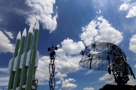 Air defense radars of military mobile anti aircraft systems and modern Russian anti aircraft missiles OSA-AKM on background clouds and sky,Russiaの写真素材