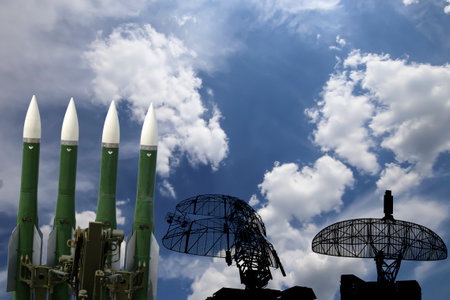Air defense radars of military mobile anti aircraft systems and modern Russian anti aircraft missiles OSA-AKM on background clouds and sky,Russiaの写真素材