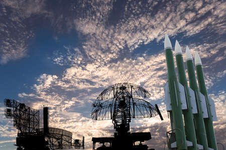 Air defense radars of military mobile anti aircraft systems and modern Russian anti aircraft missiles OSA-AKM on background clouds and sky,Russiaの写真素材
